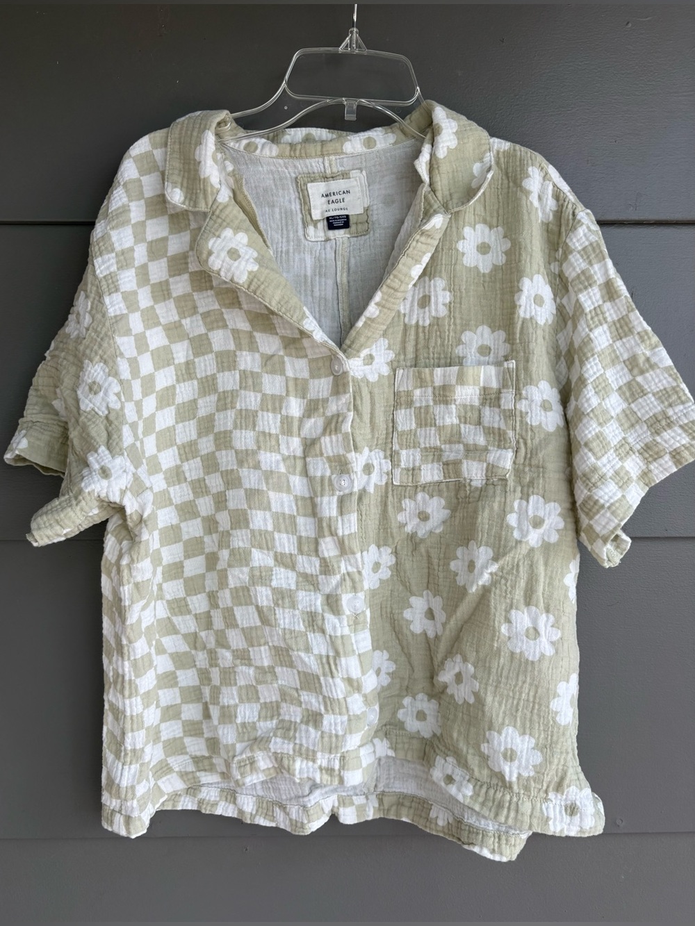 American Eagle Loungewear Gauze Floral and Checkerboard Button Up Shirt